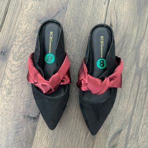 BCBG mules in black with burgundy bow